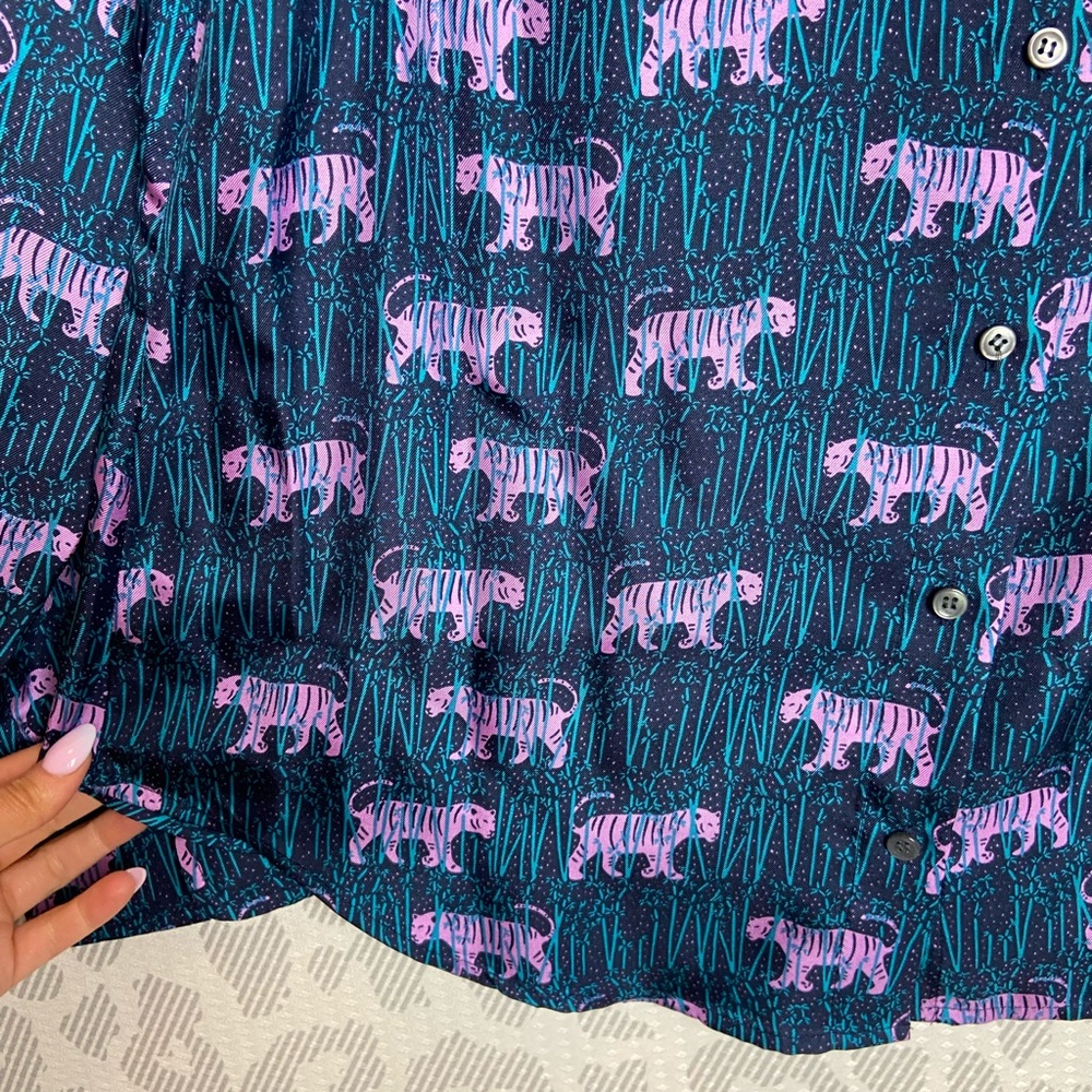 J. Crew Teal Button-Up Blouse with Pink Tiger Print - Picture 4 of 11